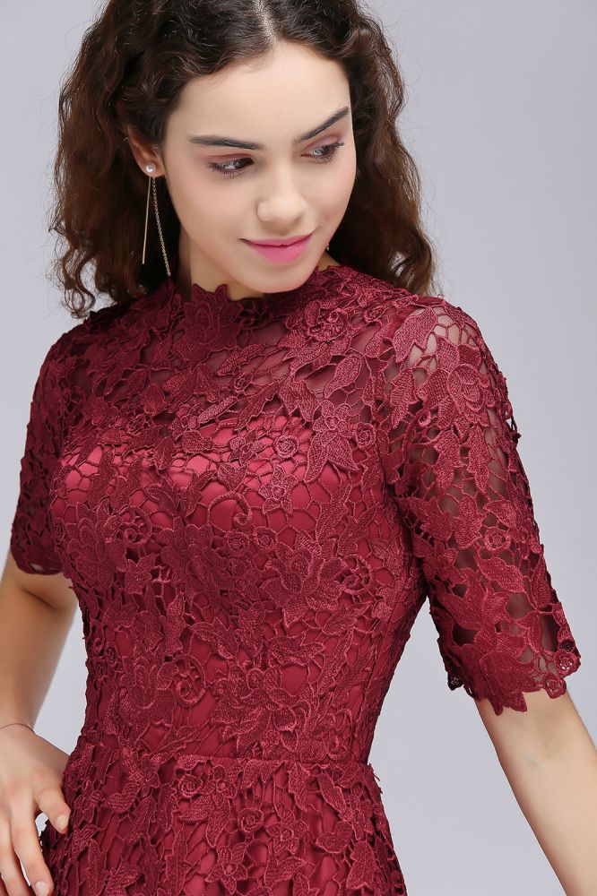 Vestidos de fiesta de bienvenida burdeos con encaje, corte A y cuello halter