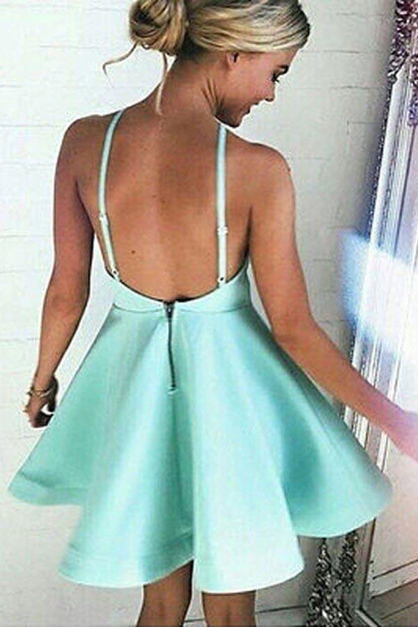 A-Linie Neckholder Kurzes Mint Satin Homecoming Kleid mit Rüschen PD007