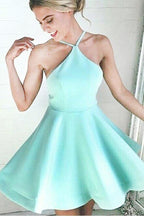 A-Linie Neckholder Kurzes Mint Satin Homecoming Kleid mit Rüschen PD007