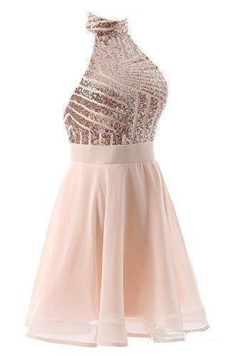 A-Linie Neckholder Kurzes Rosa Chiffon Homecoming/Cocktailkleid mit Pailletten PD064