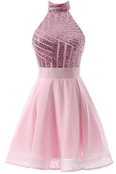 A-Linie Neckholder Kurzes Rosa Chiffon Homecoming/Cocktailkleid mit Pailletten PD064