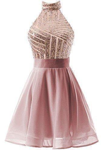 A-Linie Neckholder Kurzes Rosa Chiffon Homecoming/Cocktailkleid mit Pailletten PD064