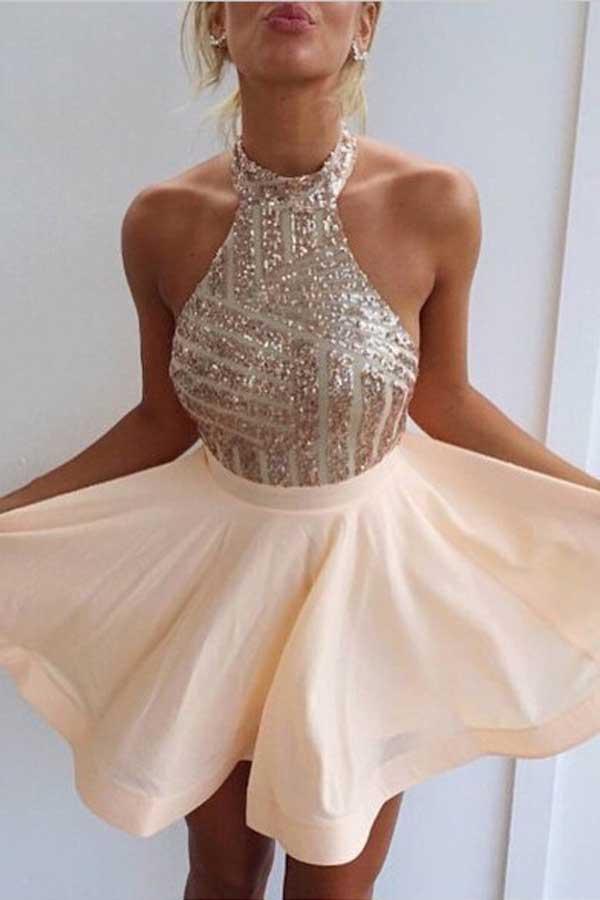 A-Linie Neckholder Kurzes Rosa Chiffon Homecoming/Cocktailkleid mit Pailletten PD064