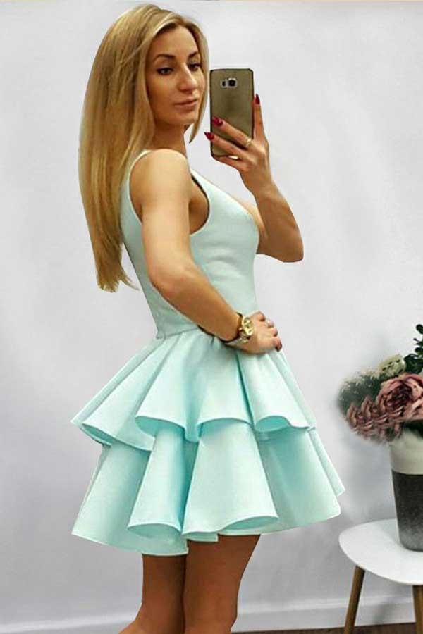 A-Linie Neckholder Kurzes Ärmelloses Mint Satin Homecoming Kleid mit Rüschen PD085