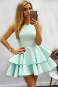 A-Linie Neckholder Kurzes Ärmelloses Mint Satin Homecoming Kleid mit Rüschen PD085