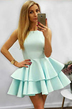 A-Linie Neckholder Kurzes Ärmelloses Mint Satin Homecoming Kleid mit Rüschen PD085