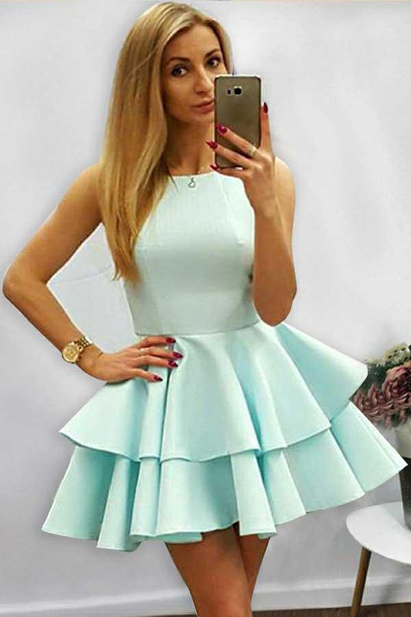 A-Linie Neckholder Kurzes Ärmelloses Mint Satin Homecoming Kleid mit Rüschen PD085
