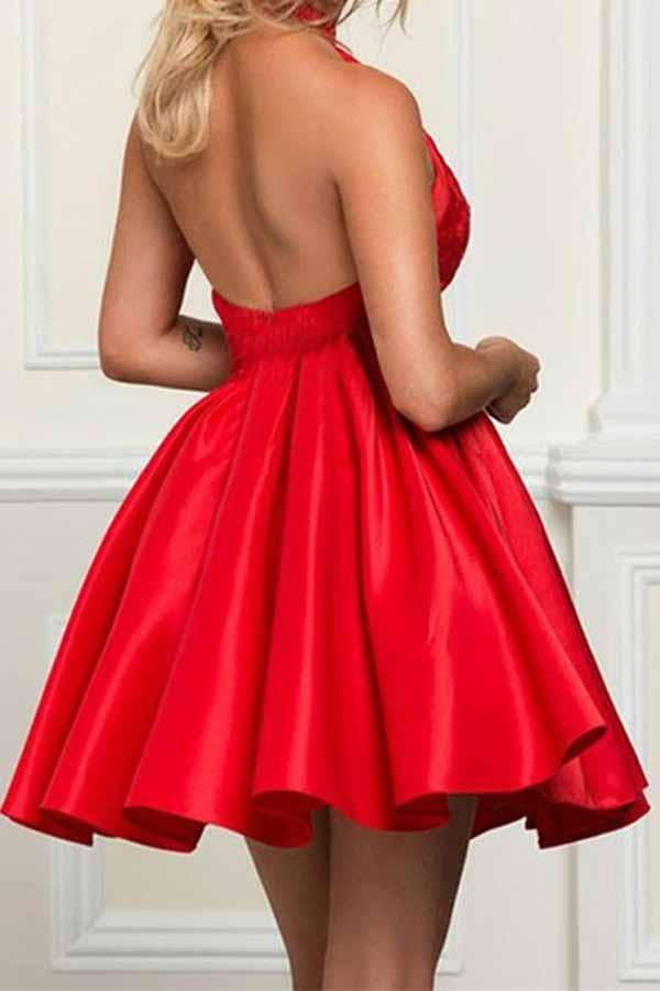 A-Linie Neckholder Ärmellos Kurzes Rotes Satin Homecoming Kleid mit Spitze PD050