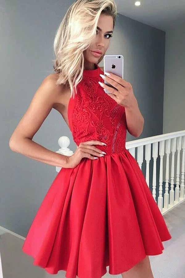 A-Linie Neckholder Ärmellos Kurzes Rotes Satin Homecoming Kleid mit Spitze PD050