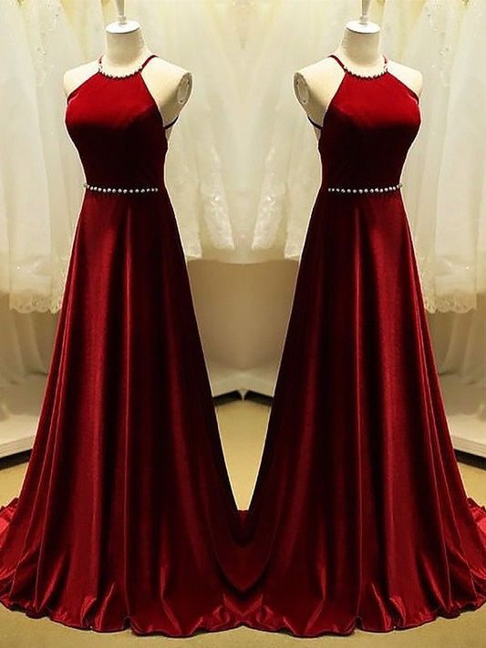 A-Line Halter Sleeveless With Beading Satin Prom Dresses