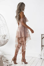 Vestido de fiesta de encaje sin mangas, corte A, corte asimétrico, color rubor, PG192