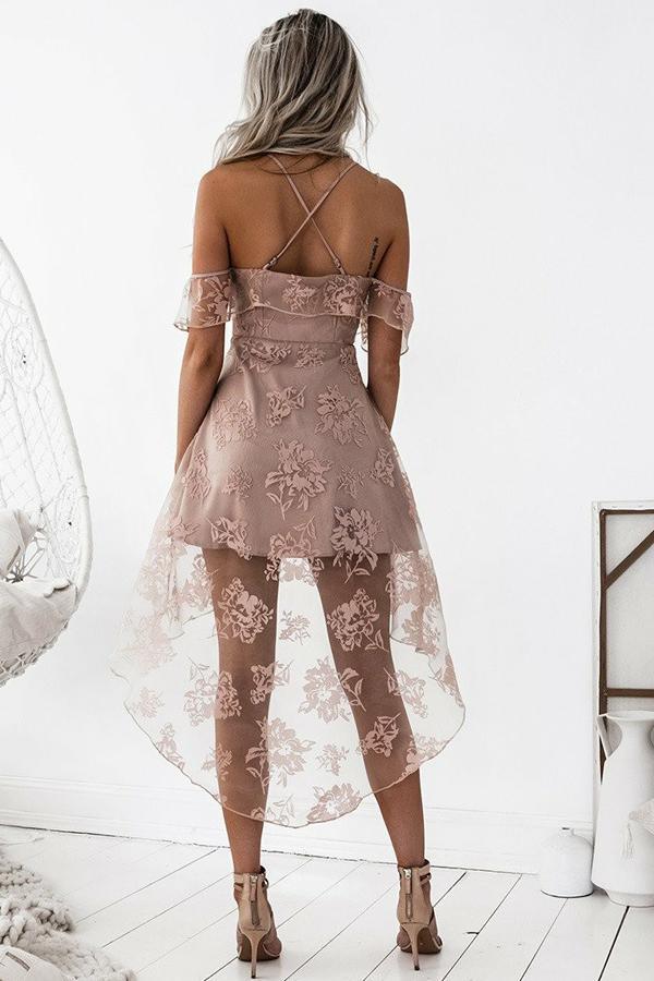 Vestido de fiesta de encaje sin mangas, corte A, corte asimétrico, color rubor, PG192