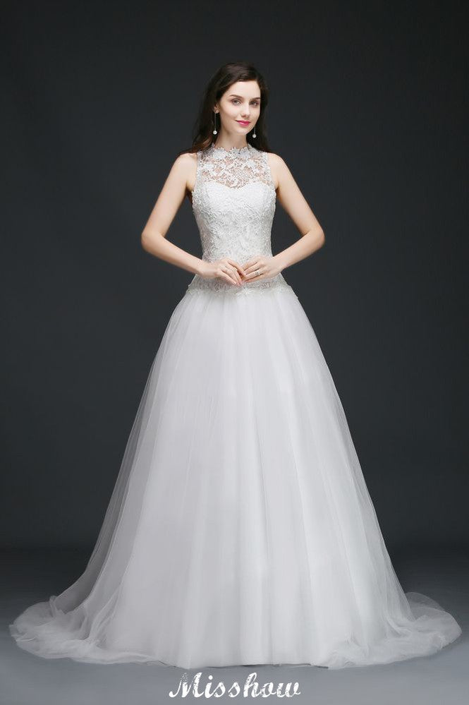 Vestido de novia delicado de cuello alto y corte A