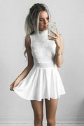 Vestido de fiesta de gasa blanca con cuello alto y encaje, corte A, PD011