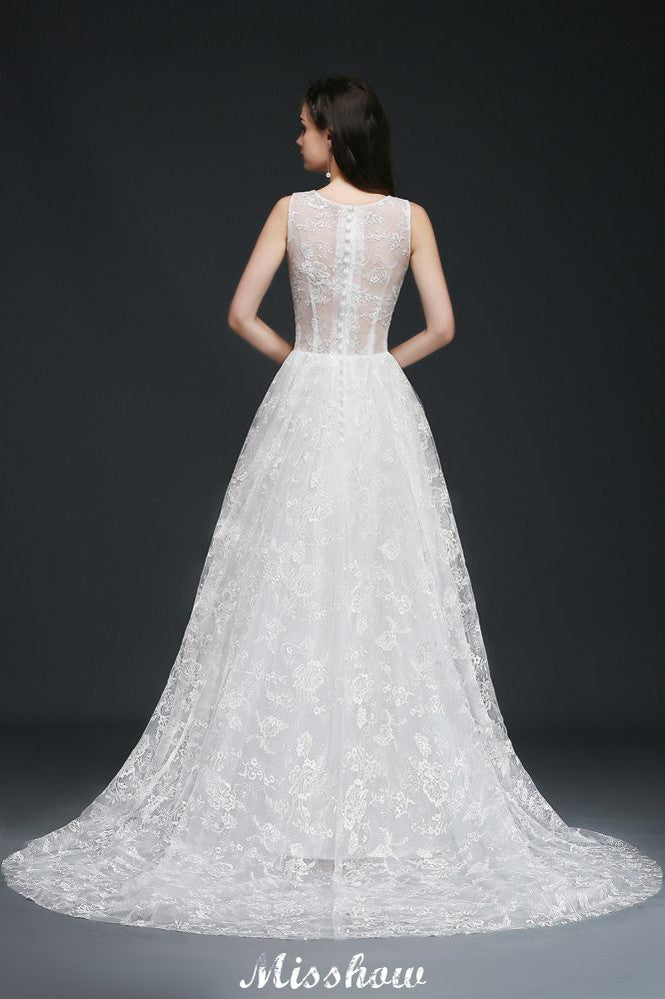 Vestidos de novia sencillos de encaje con cola de joya y corte en A con botones