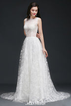Vestidos de novia sencillos de encaje con cola de joya y corte en A con botones