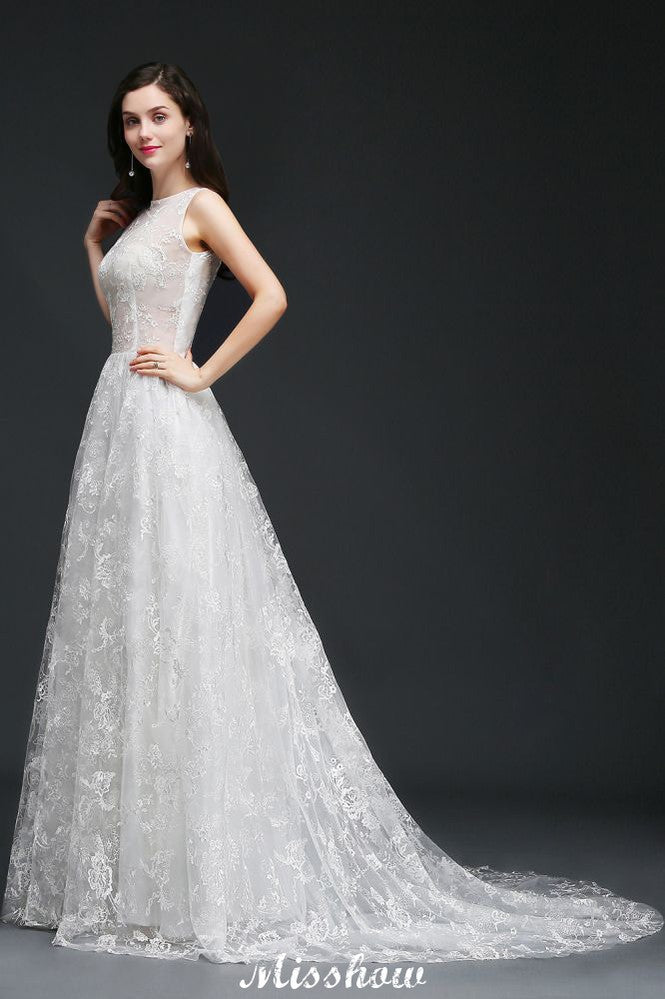 Vestidos de novia sencillos de encaje con cola de joya y corte en A con botones