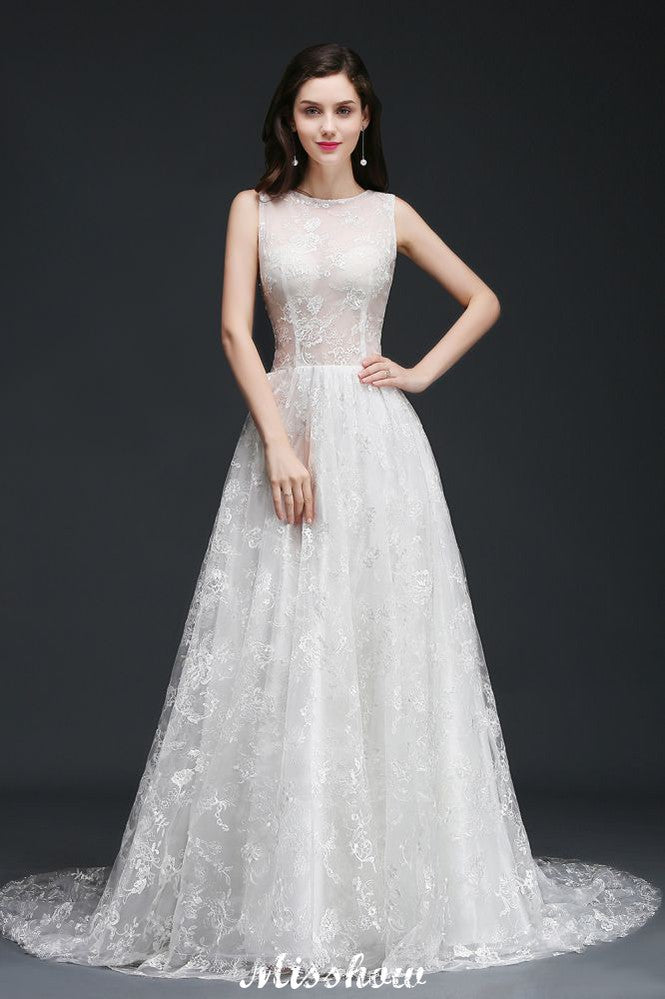 Vestidos de novia sencillos de encaje con cola de joya y corte en A con botones