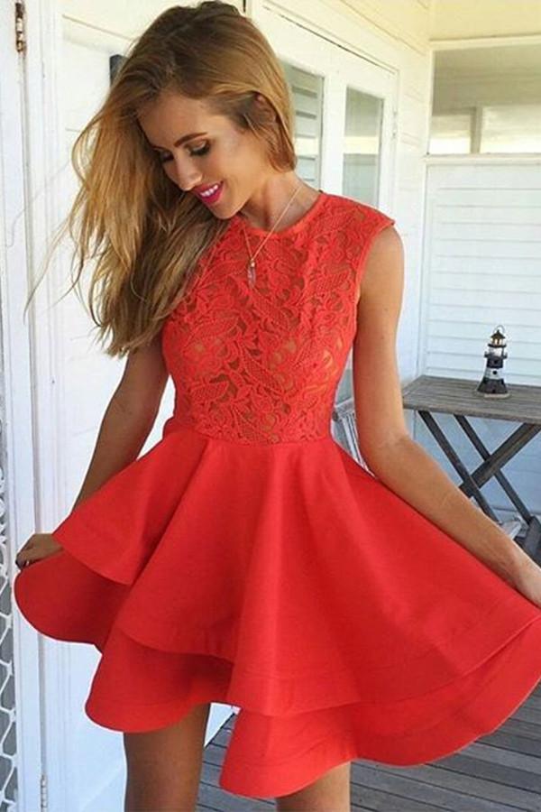 A-Linie Juwel Kurzes rotes Satin-Heimkehrkleid mit Spitzenrüschen PG117