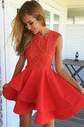 A-Linie Juwel Kurzes rotes Satin-Heimkehrkleid mit Spitzenrüschen PG117