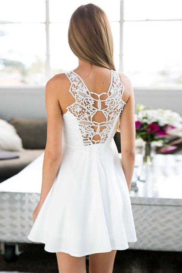 A-Linie, kurzes weißes Satin-Heimkehrkleid mit Spitze, PG159
