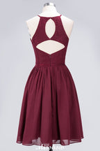 Vestido de dama de honor de gasa con encaje, sin mangas, corte A, joya, hasta la rodilla, con volantes