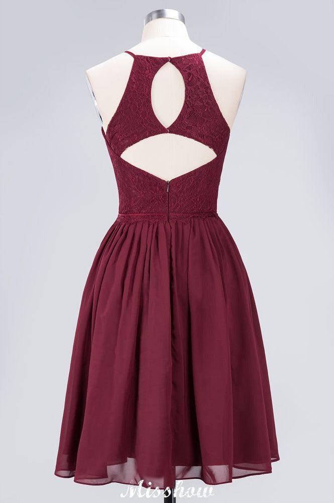 Vestido de dama de honor de gasa con encaje, sin mangas, corte A, joya, hasta la rodilla, con volantes