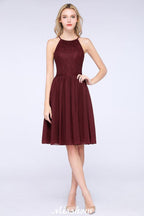 Vestido de dama de honor de gasa con encaje, sin mangas, corte A, joya, hasta la rodilla, con volantes