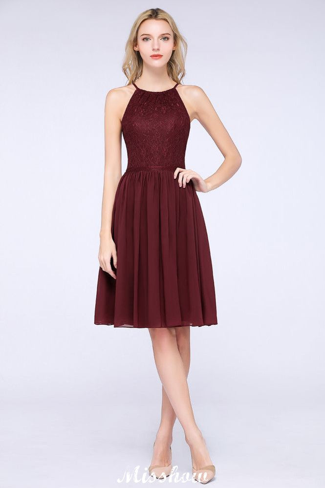 Vestido de dama de honor de gasa con encaje, sin mangas, corte A, joya, hasta la rodilla, con volantes