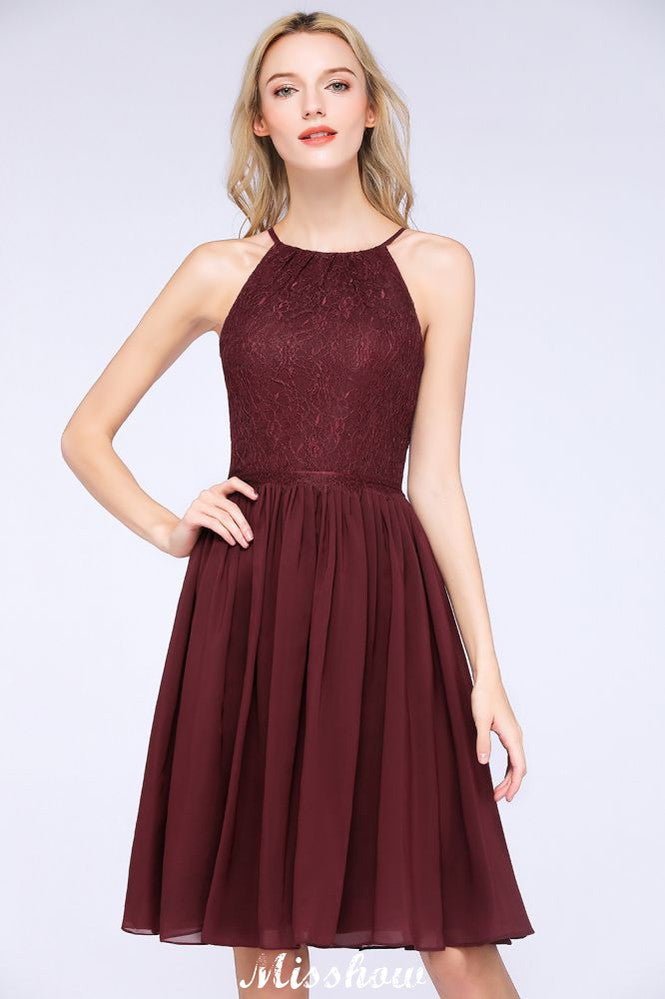 Vestido de dama de honor de gasa con encaje, sin mangas, corte A, joya, hasta la rodilla, con volantes