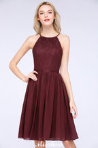 Vestido de dama de honor de gasa con encaje, sin mangas, corte A, joya, hasta la rodilla, con volantes