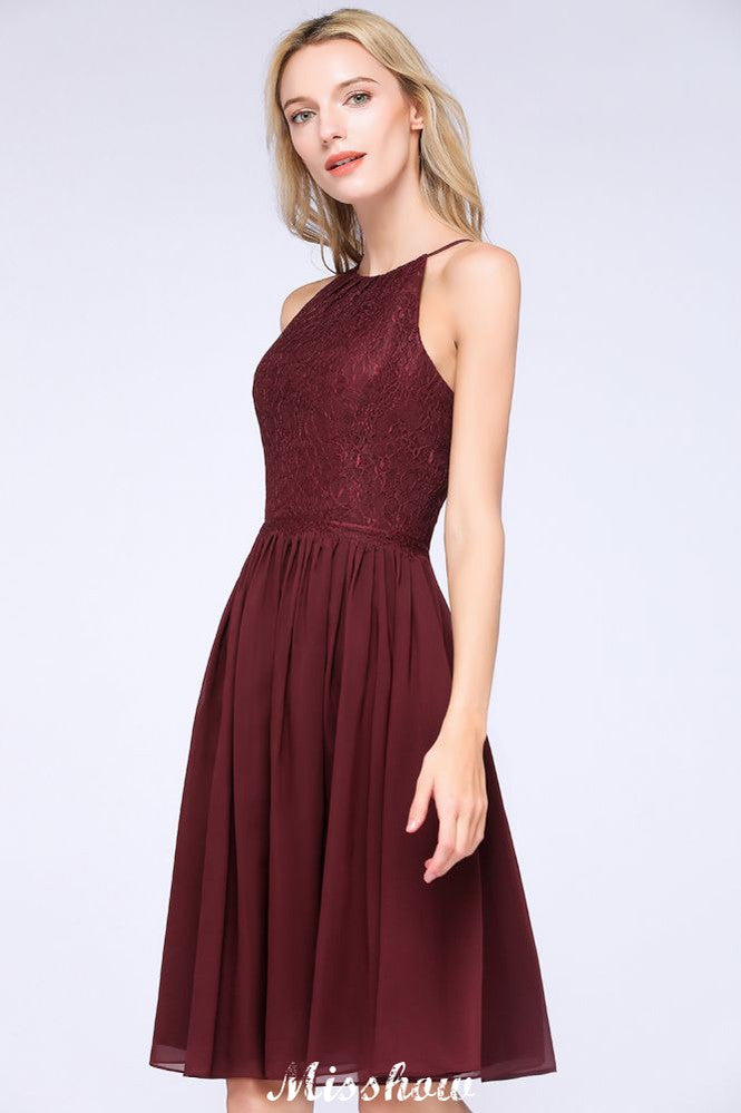 Vestido de dama de honor de gasa con encaje, sin mangas, corte A, joya, hasta la rodilla, con volantes
