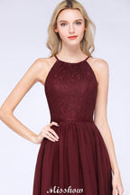 Vestido de dama de honor de gasa con encaje, sin mangas, corte A, joya, hasta la rodilla, con volantes