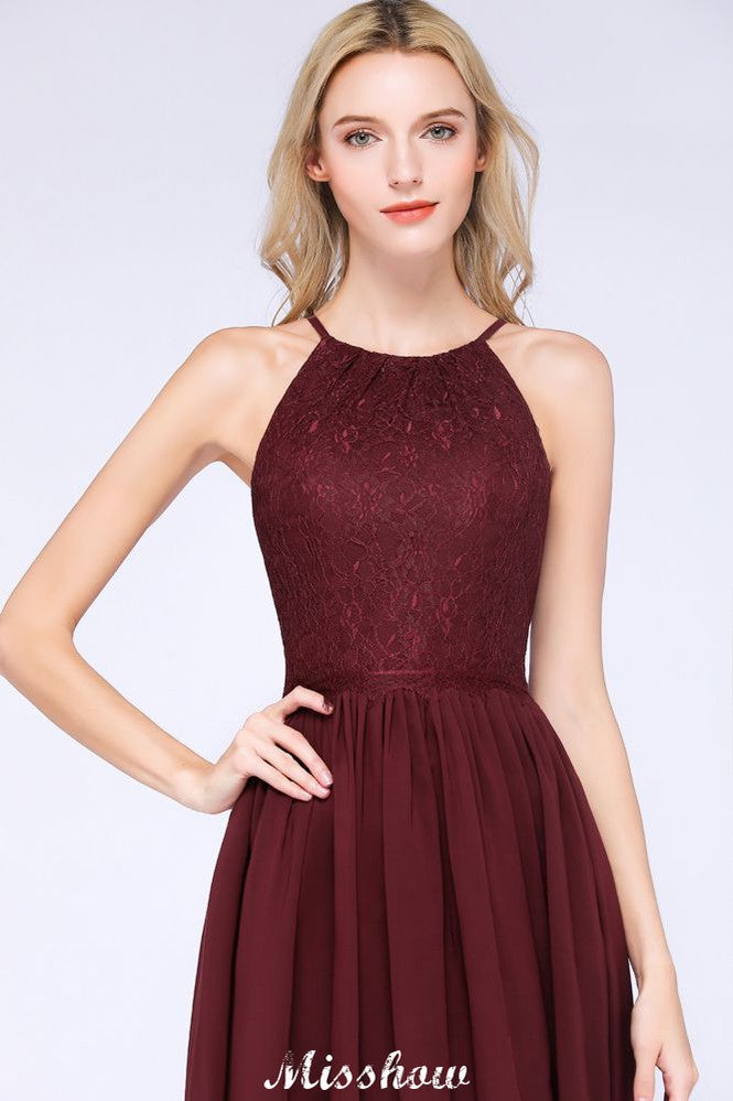 Vestido de dama de honor de gasa con encaje, sin mangas, corte A, joya, hasta la rodilla, con volantes