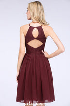 Vestido de dama de honor de gasa con encaje, sin mangas, corte A, joya, hasta la rodilla, con volantes