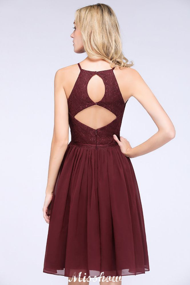 Vestido de dama de honor de gasa con encaje, sin mangas, corte A, joya, hasta la rodilla, con volantes