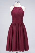 Vestido de dama de honor de gasa con encaje, sin mangas, corte A, joya, hasta la rodilla, con volantes