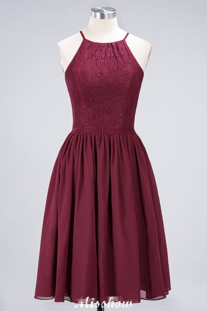 Vestido de dama de honor de gasa con encaje, sin mangas, corte A, joya, hasta la rodilla, con volantes