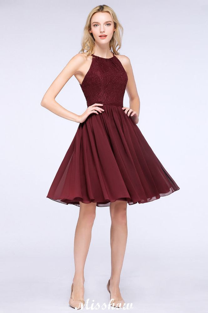 Vestido de dama de honor de gasa con encaje, sin mangas, corte A, joya, hasta la rodilla, con volantes