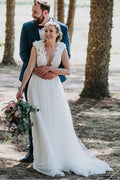A-Line Jewel Sweep Train White Tulle Wedding Dress with Appliques  WD459