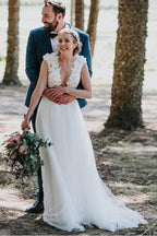 A-Line Jewel Sweep Train White Tulle Wedding Dress with Appliques  WD459
