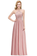 Vestido de dama de honor largo con escote tipo A, escote tipo cerradura y parte superior de encaje con tirantes finos