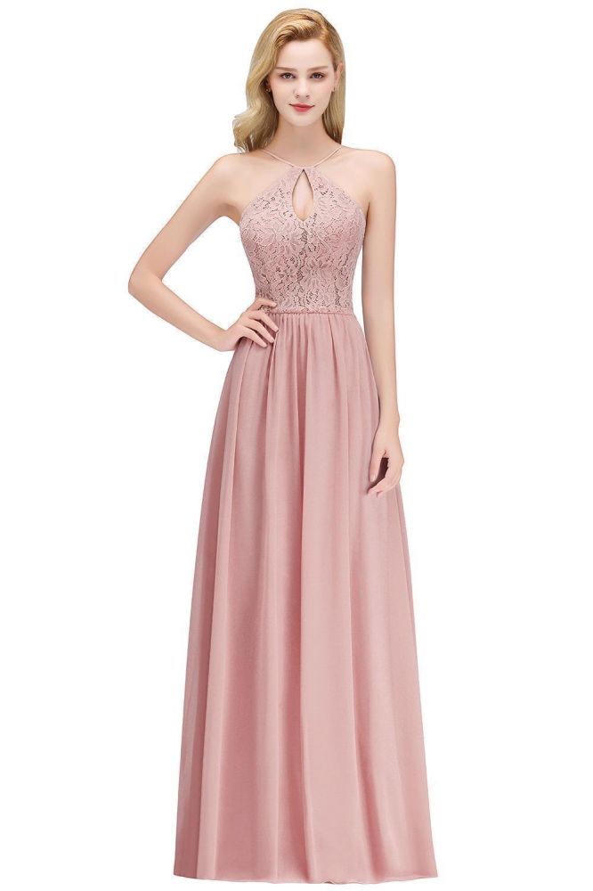 Vestido de dama de honor largo con escote tipo A, escote tipo cerradura y parte superior de encaje con tirantes finos