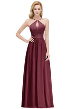 Vestido de dama de honor largo con escote tipo A, escote tipo cerradura y parte superior de encaje con tirantes finos
