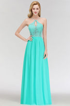 Vestido de dama de honor largo con escote tipo A, escote tipo cerradura y parte superior de encaje con tirantes finos