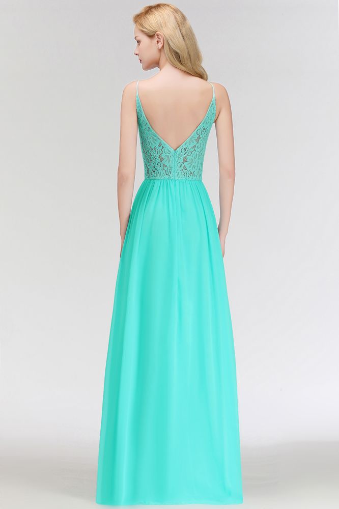 Vestido de dama de honor largo con escote tipo A, escote tipo cerradura y parte superior de encaje con tirantes finos