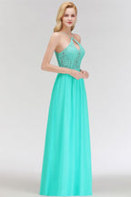 Vestido de dama de honor largo con escote tipo A, escote tipo cerradura y parte superior de encaje con tirantes finos