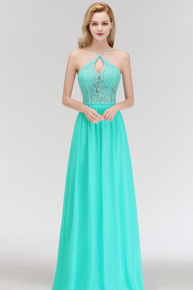 Vestido de dama de honor largo con escote tipo A, escote tipo cerradura y parte superior de encaje con tirantes finos