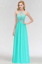 Vestido de dama de honor largo con escote tipo A, escote tipo cerradura y parte superior de encaje con tirantes finos