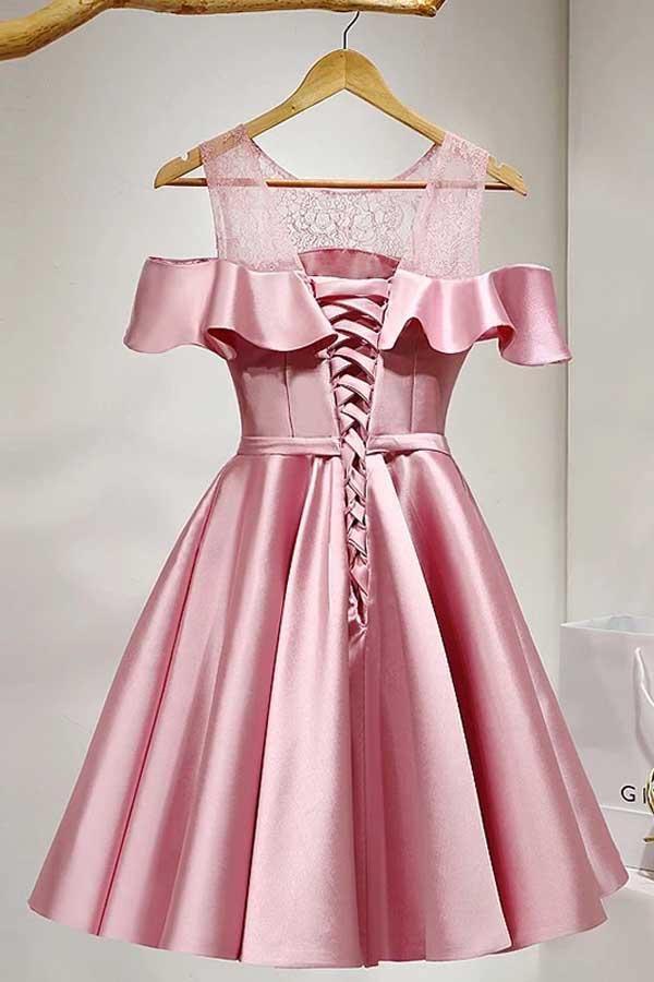 A-Linie, knielang, schulterfrei, rosa Satin-Heimkehrkleid mit Spitze, PD121